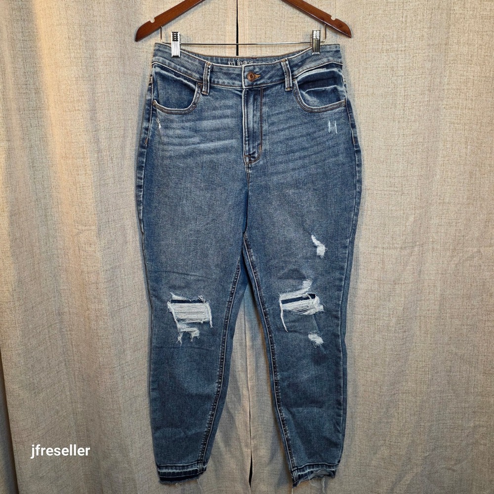 Maurices M Jeans High Rise Tapered Distressed Denim Blue Medium Wash Women L Reg